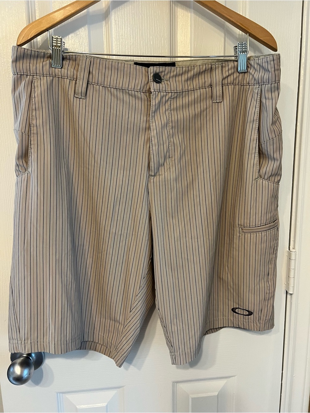 Oakley Beige Shorts with Navy Pinstripes, Size 36W